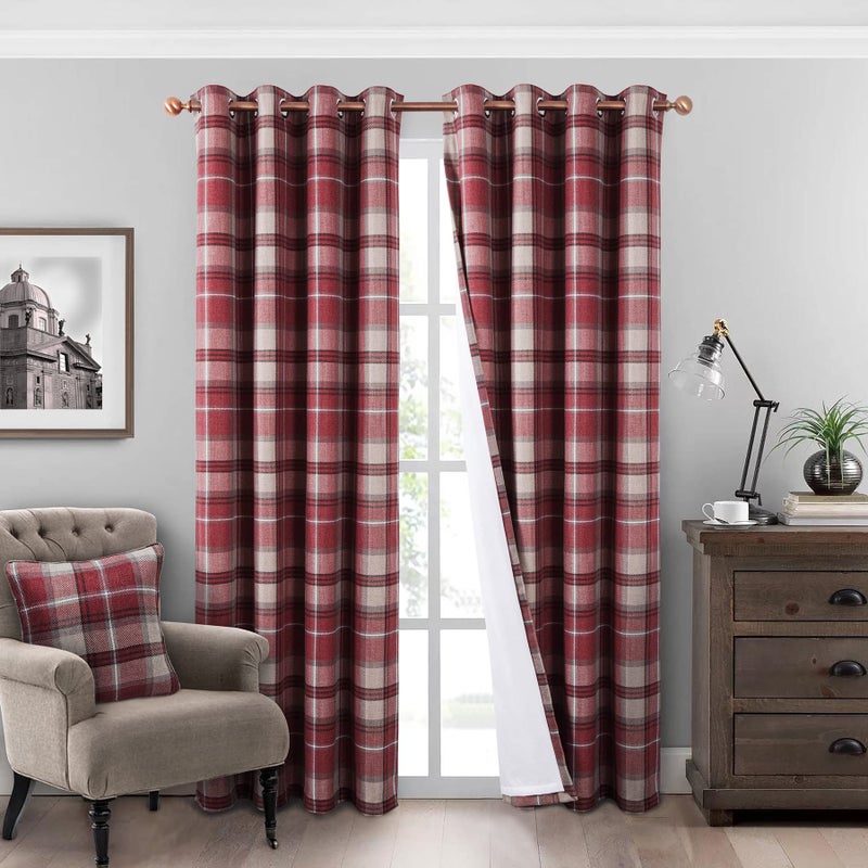 always4u Plaid Curtains 100% Blackout Thermal Energy Saving Drapes for Bedroom Woolen Look Farmhouse Living Room Curtains 2 Panels 54 * 84 Burgundy Red - Image 1
